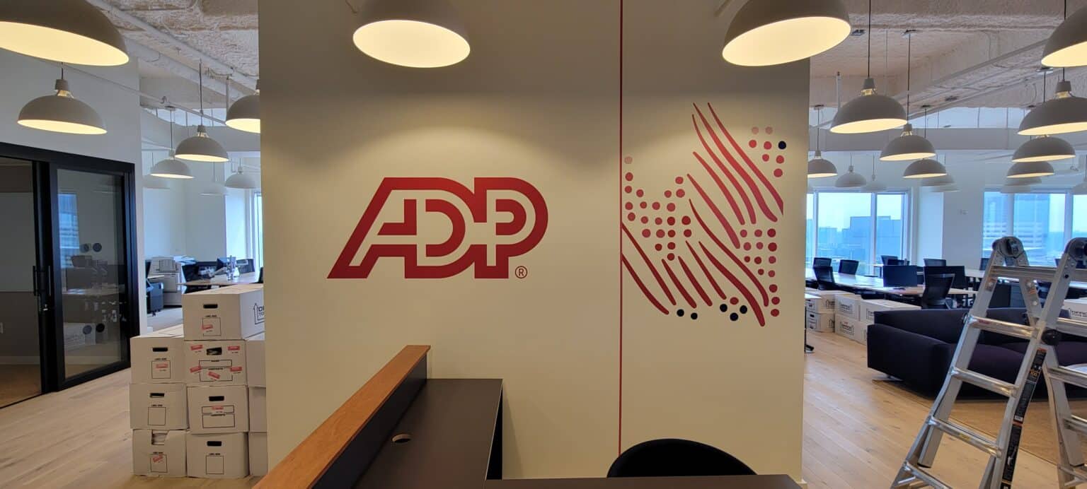 Dimensional logo wall during move-in, ADP, Atlanta, GA, by High Stakes Creative