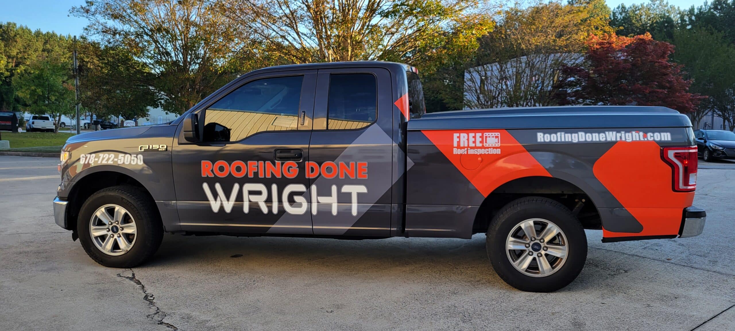 Roofing fleet truck wraps, Roofing Done Wright, Atlanta, GA, by High Stakes Creative