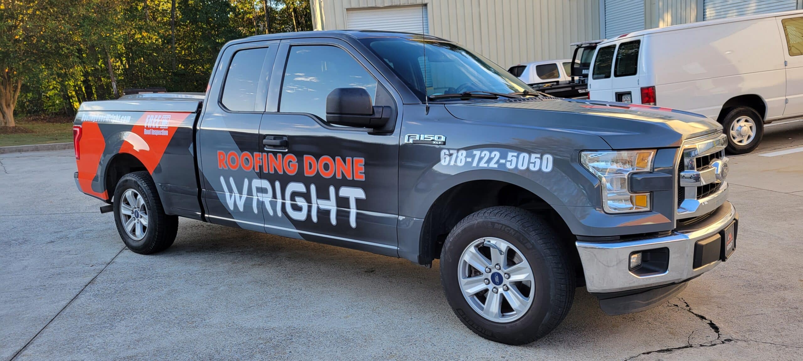 Roofing fleet truck wraps, Roofing Done Wright, Atlanta, GA, by High Stakes Creative