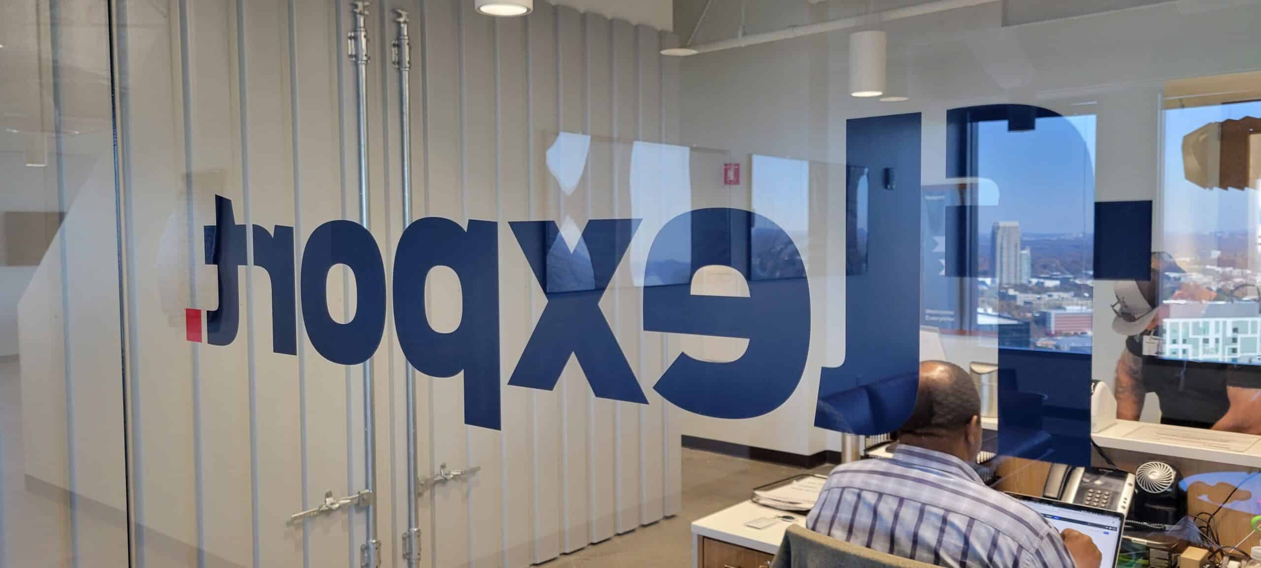 Logo glass graphics, Flexport, Atlanta, GA, by High Stakes Creative