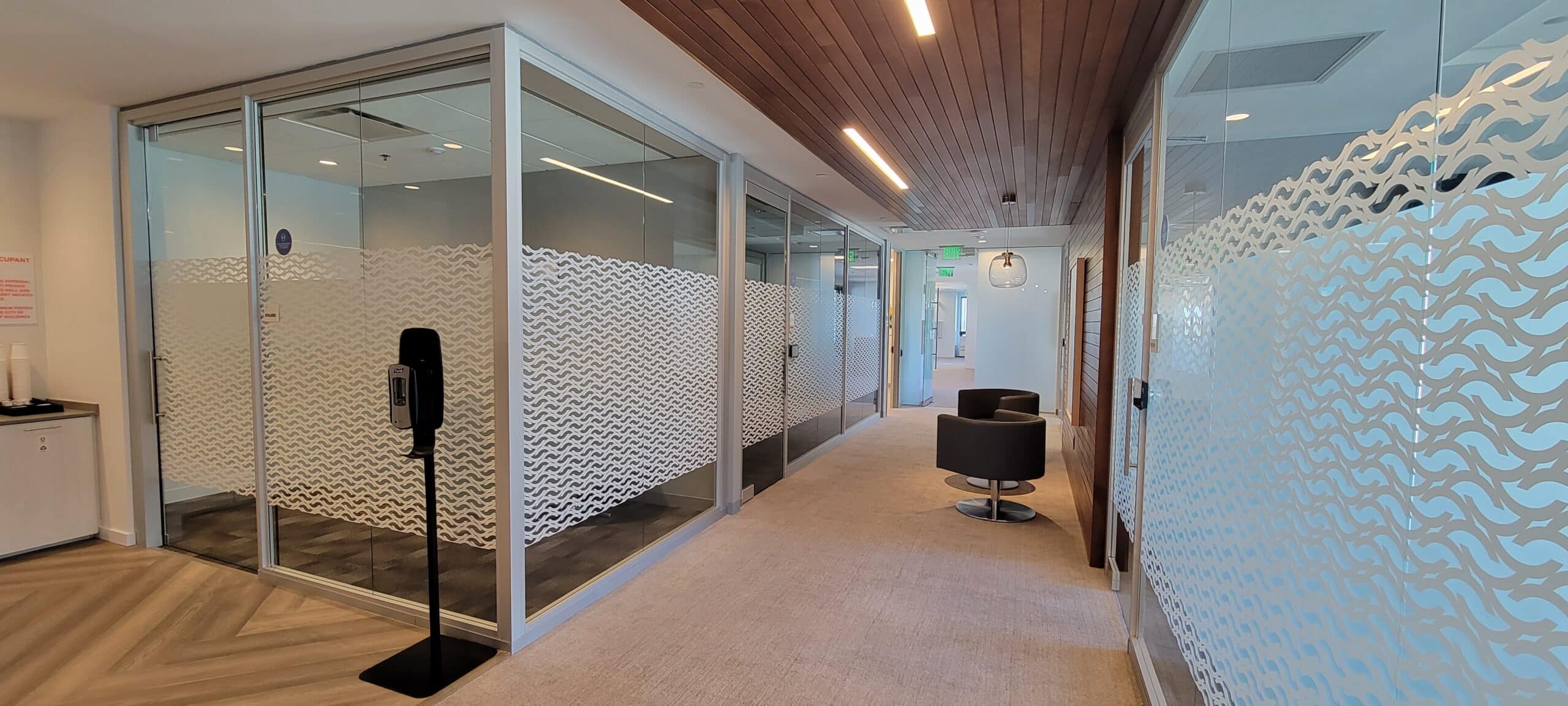 Patterned privacy film on office glass, Citi Private Bank, Atlanta, GA, by High Stakes Creative