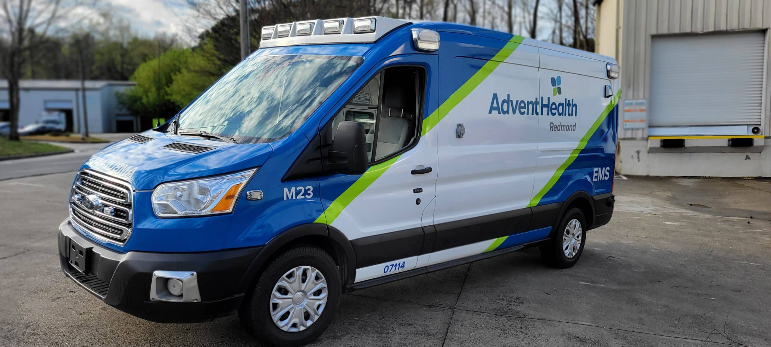 EMS van wrap front angle, AdventHealth, Calhoun, GA, by High Stakes Creative