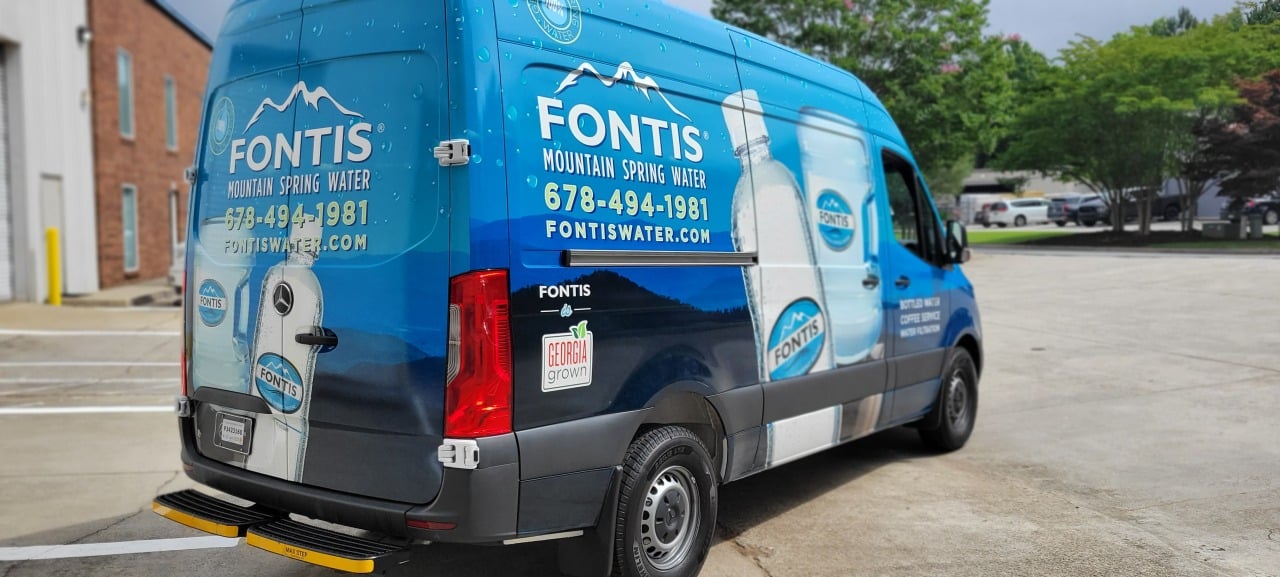 Sprinter van wrap rear angle, Fontis Water, Marietta, GA, by High Stakes Creative