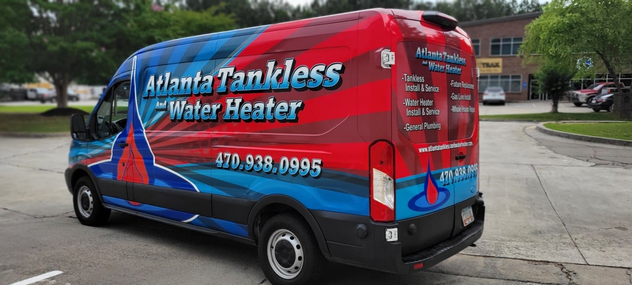 Cargo van wrap rear angle, Atlanta Tankless Water Heater, by High Stakes Creative
