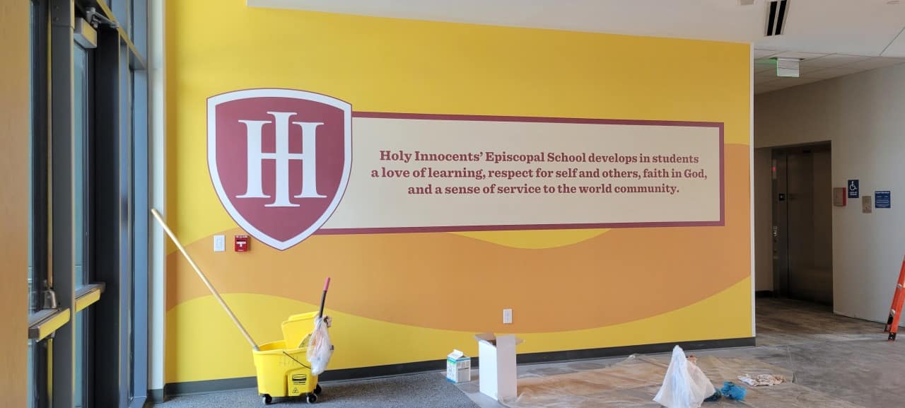 School crest mission wall, Holy Innocents Episcopal School, Atlanta, GA, by High Stakes Creative