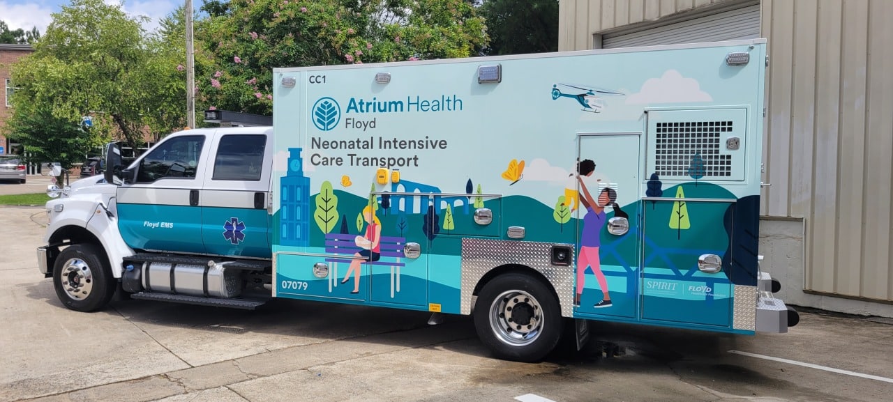 Neonatal ambulance illustrated wrap, Atrium Health Floyd, Rome, GA, by High Stakes Creative