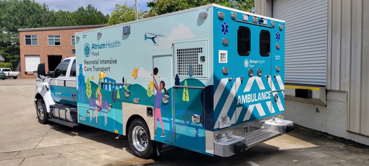 Ambulance wrap rear quarter, Atrium Health Floyd, Rome, GA, by High Stakes Creative