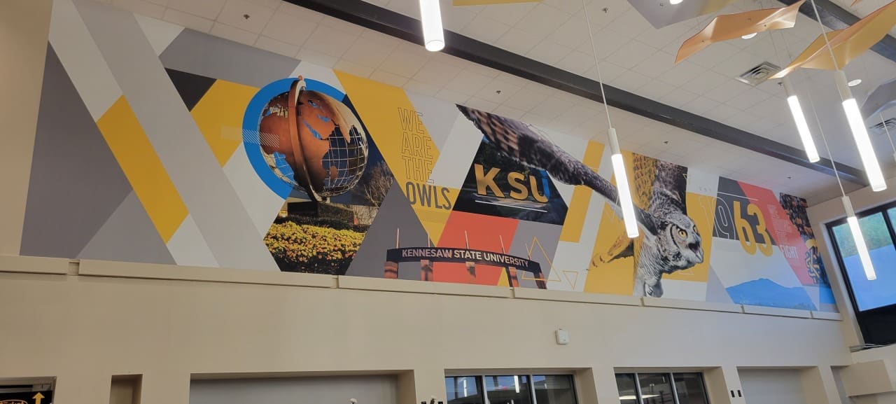 Owls athletics atrium mural, Kennesaw State University, Kennesaw, GA, by High Stakes Creative