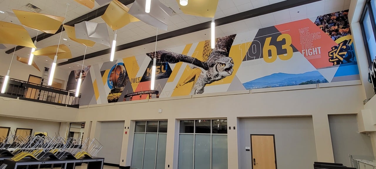 Owls athletics atrium mural, Kennesaw State University, Kennesaw, GA, by High Stakes Creative