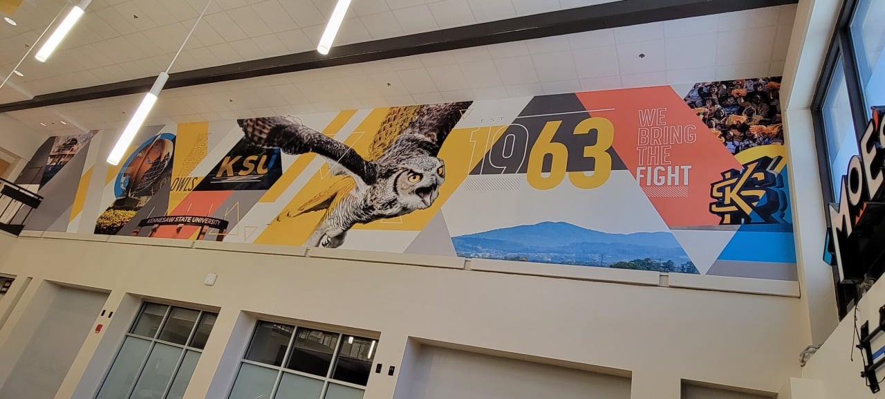 Owls athletics atrium mural for Kennesaw State University, by High Stakes Creative