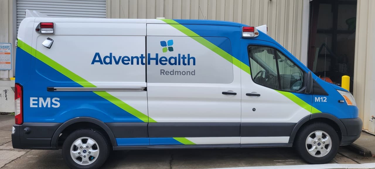Ambulance van graphics side, AdventHealth, Calhoun, GA, by High Stakes Creative