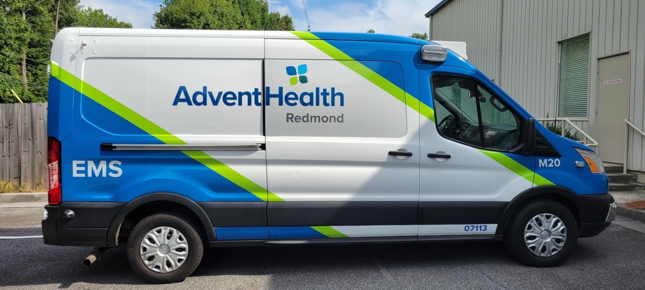 Ambulance van graphics side, AdventHealth, Calhoun, GA, by High Stakes Creative