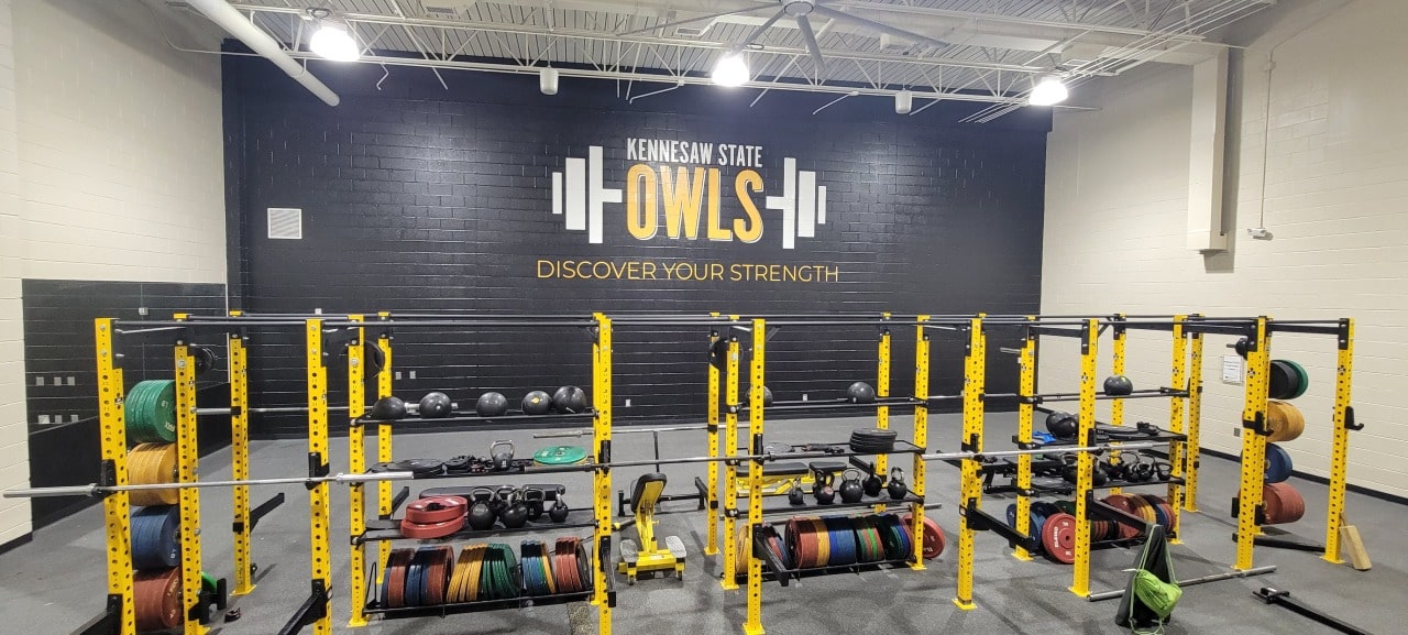 Owls weight room wide view, Kennesaw State University, Kennesaw, GA, by High Stakes Creative