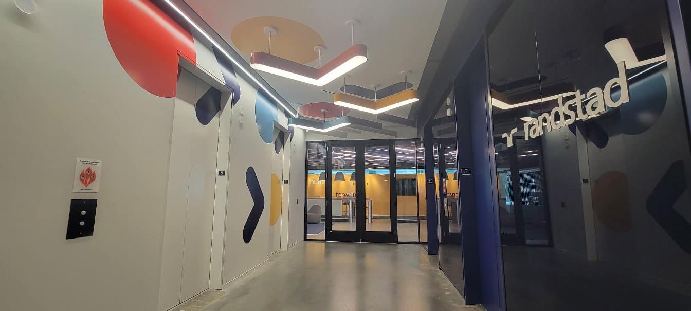 Brand shape corridor graphics, Randstad, Atlanta, GA, by High Stakes Creative