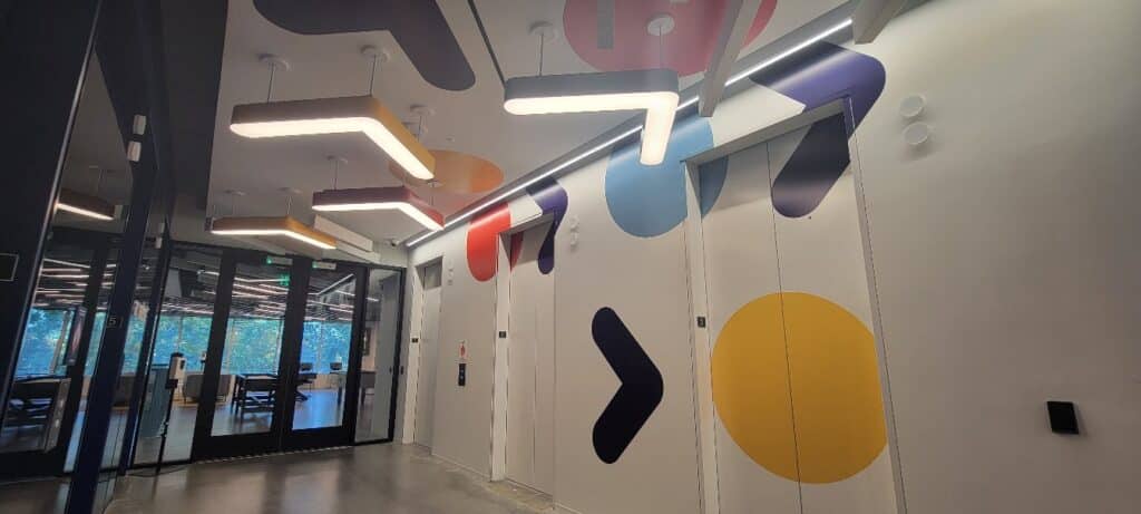Brand shape corridor graphics, Randstad, Atlanta, GA, by High Stakes Creative