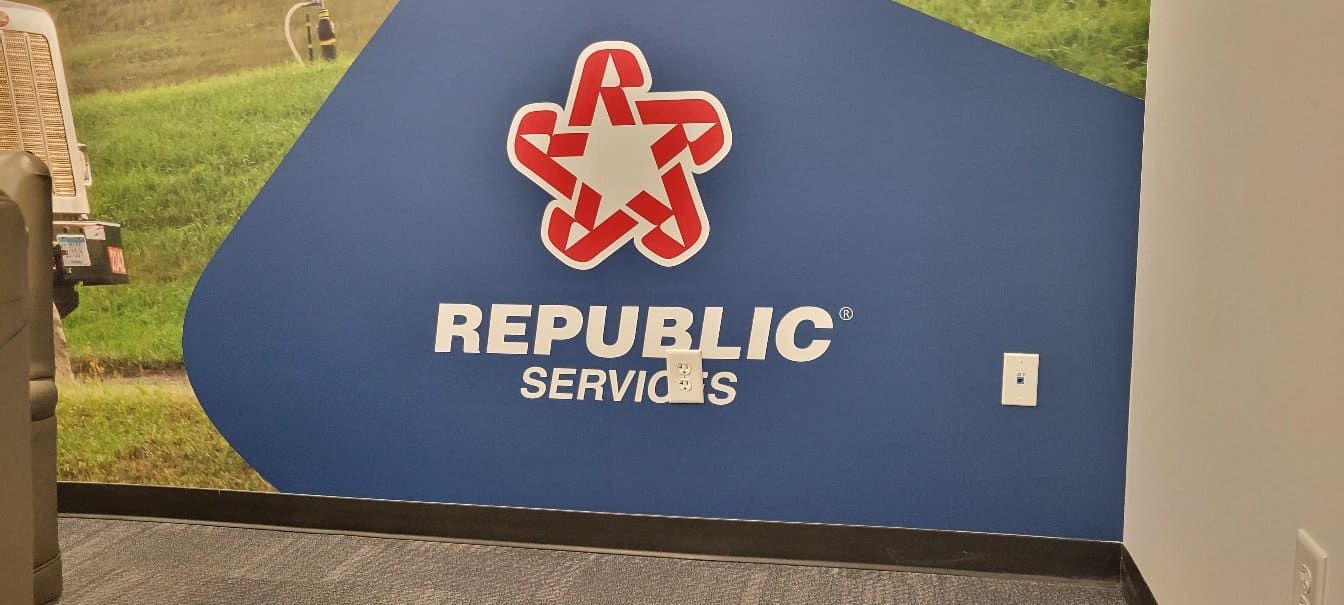 Logo wall mural detail, Republic Services, Marietta, GA, by High Stakes Creative