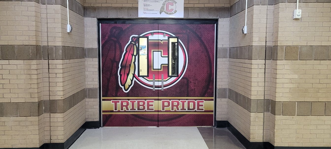 Tribe Pride hallway door wrap, Creekside High School, Fairburn, GA, by High Stakes Creative