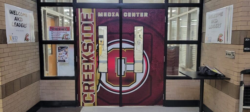 Media center door graphics, Creekside High School, Fairburn, GA, by High Stakes Creative