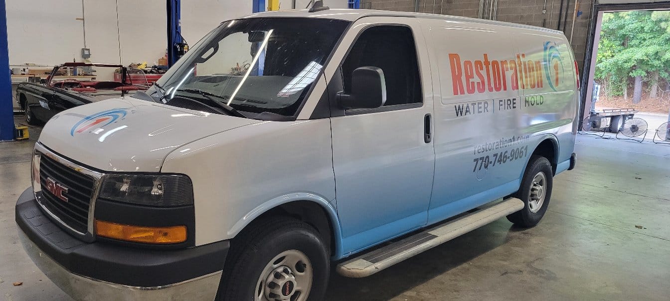 Van wrap front, Restoration 1, Hiram, GA, by High Stakes Creative