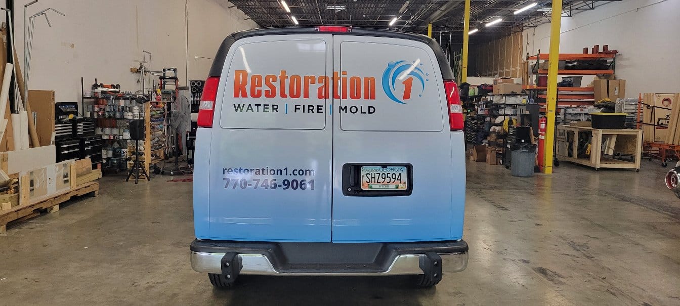 Van wrap rear, Restoration 1, Hiram, GA, by High Stakes Creative