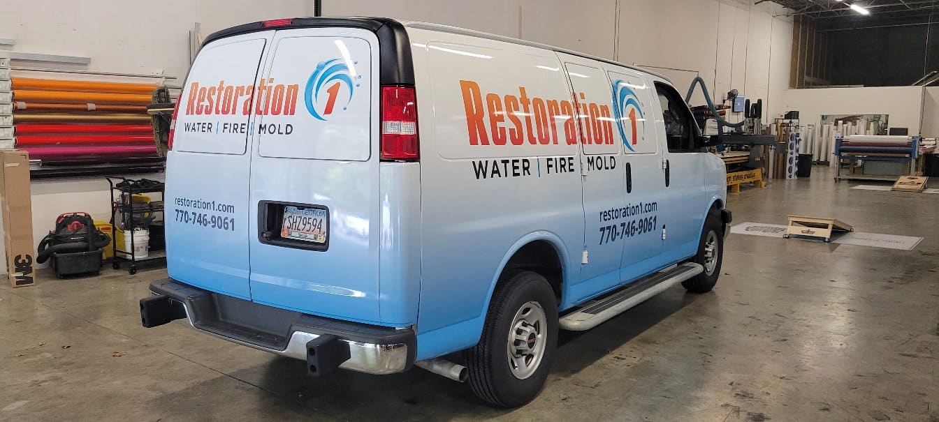 Van wrap rear quarter, Restoration 1, Hiram, GA, by High Stakes Creative