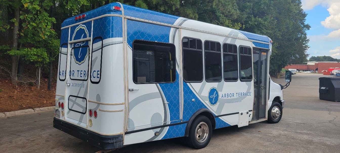 Senior living shuttle bus wrap, Arbor Terrace, by High Stakes Creative