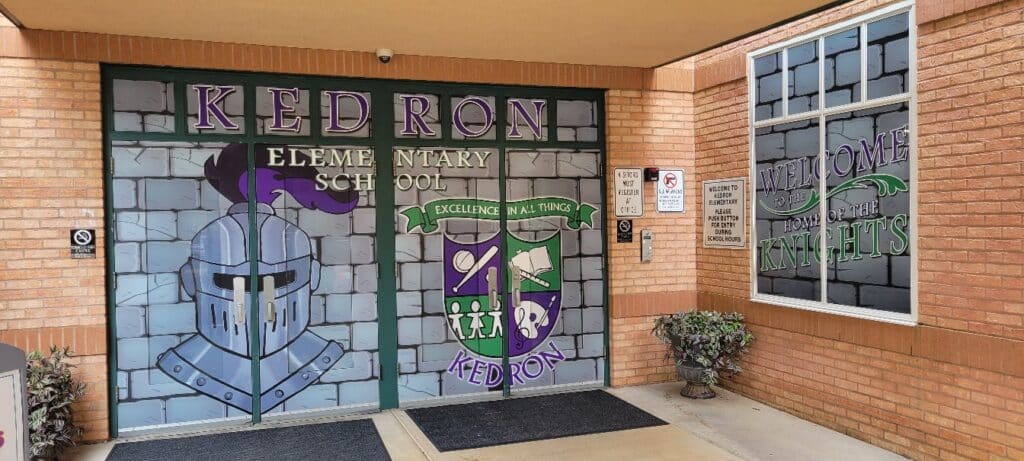 School entrance knight window graphics, Kedron Elementary School, Peachtree City, GA, by High Stakes Creative