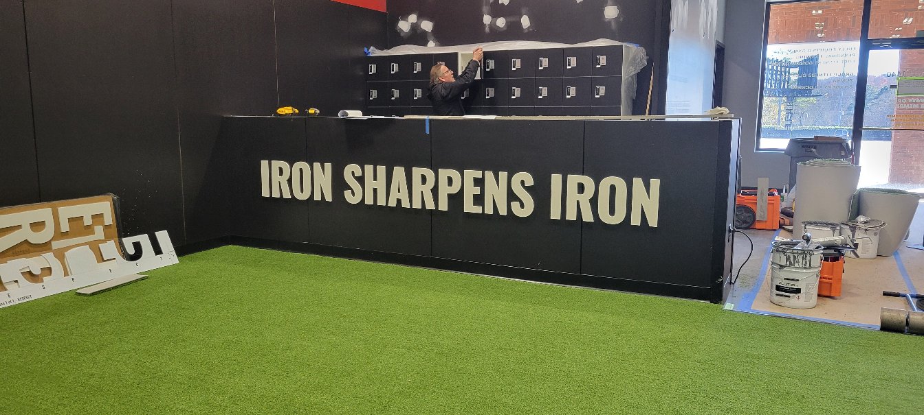 Iron Sharpens Iron lettering, D1 Training, Marietta, GA, by High Stakes Creative