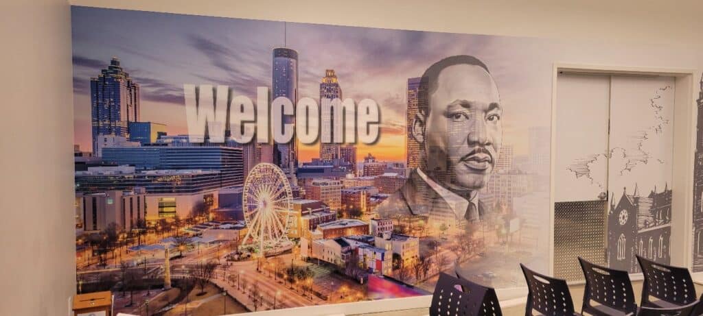 Atlanta skyline and Dr. King welcome mural, by High Stakes Creative