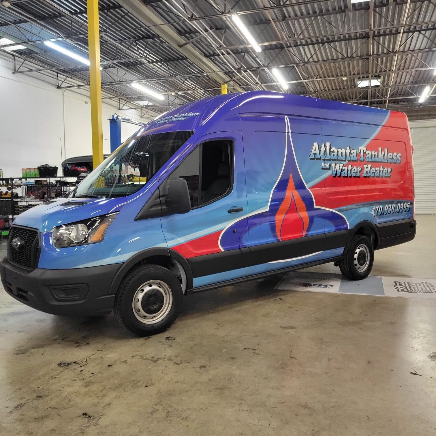 Transit van wrap side, Atlanta Tankless Water Heater, by High Stakes Creative