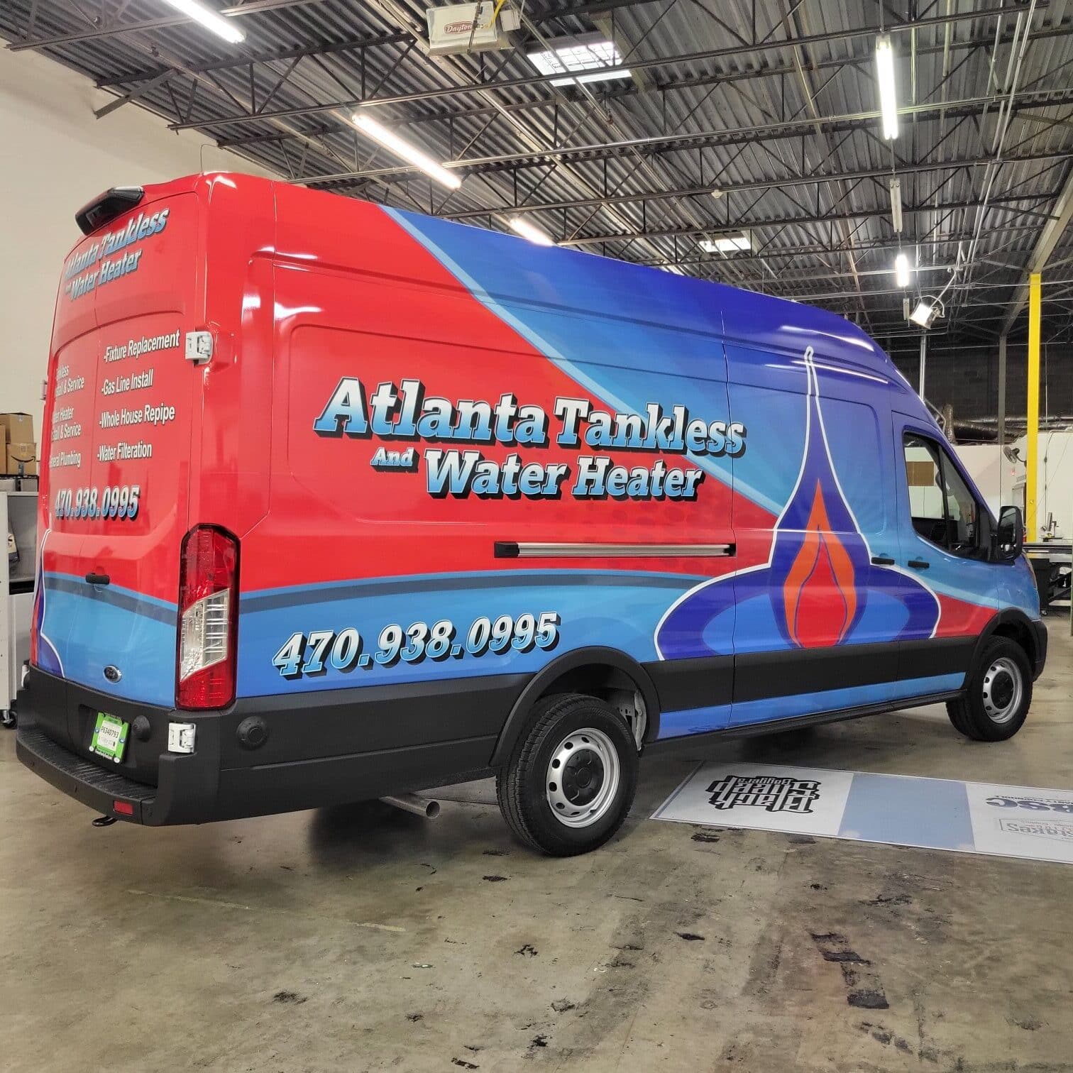 Transit van wrap rear, Atlanta Tankless Water Heater, by High Stakes Creative