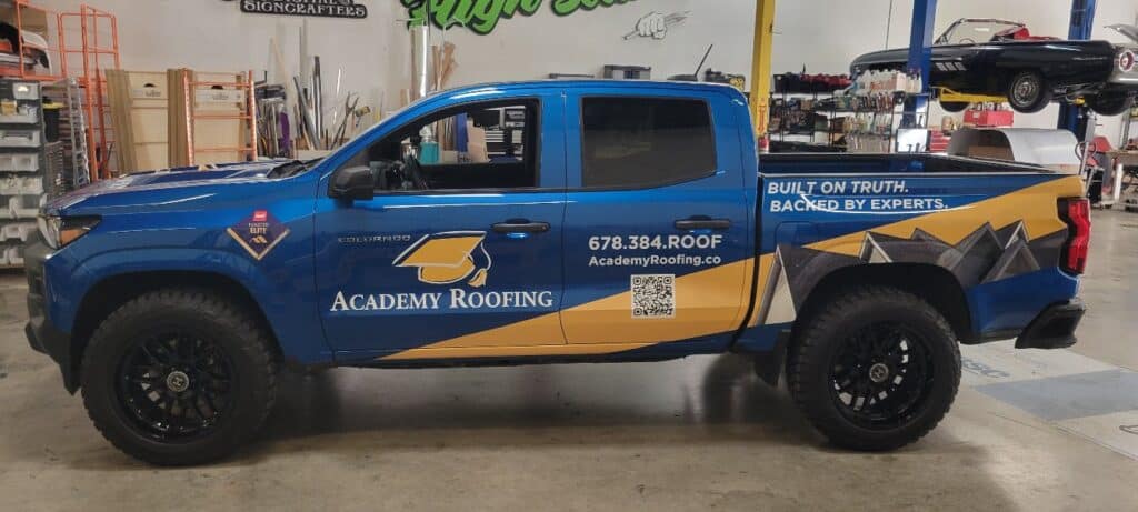 Pickup truck wrap, Academy Roofing, Acworth, GA, by High Stakes Creative