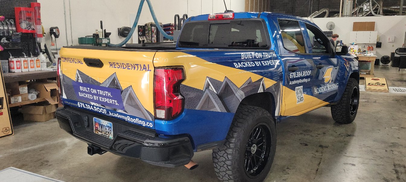 Roofing truck wraps, Academy Roofing, Acworth, GA, by High Stakes Creative