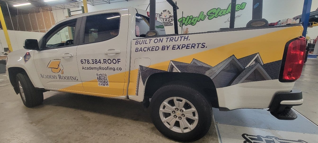 Roofing truck wraps, Academy Roofing, Acworth, GA, by High Stakes Creative