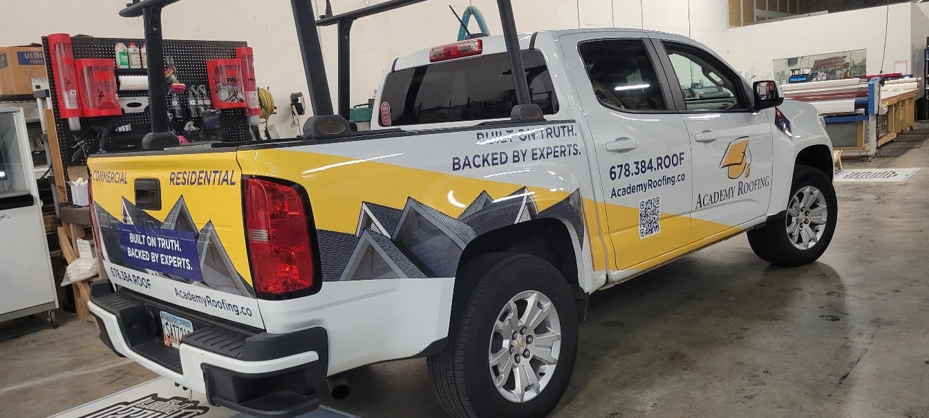 White pickup wrap rear, Academy Roofing, Acworth, GA, by High Stakes Creative