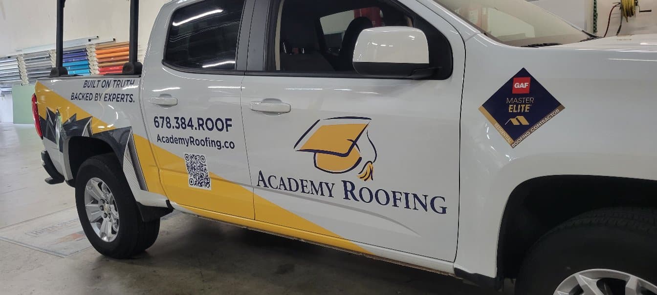 White pickup wrap, Academy Roofing, Acworth, GA, by High Stakes Creative