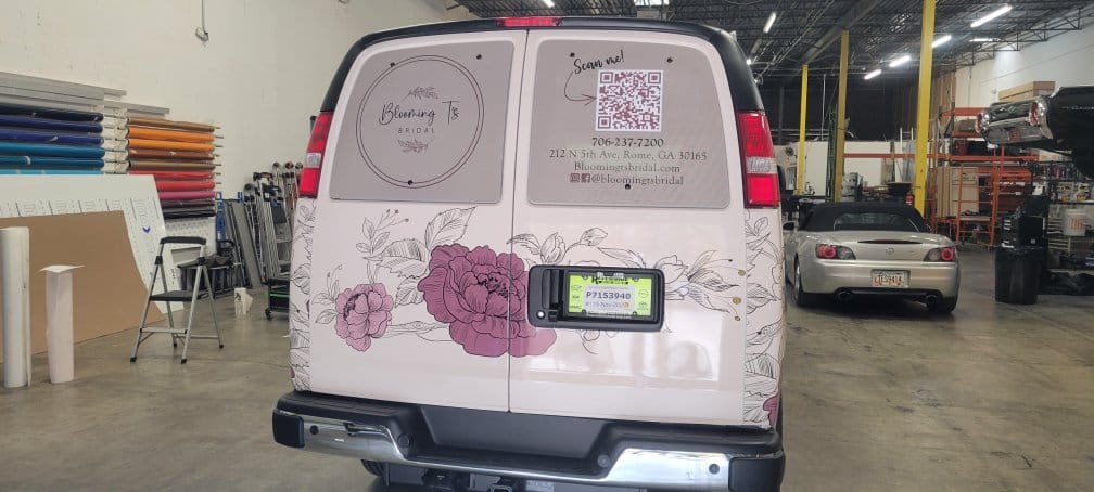 Floral van wrap rear, Blooming T's Bridal, Rome, GA, by High Stakes Creative