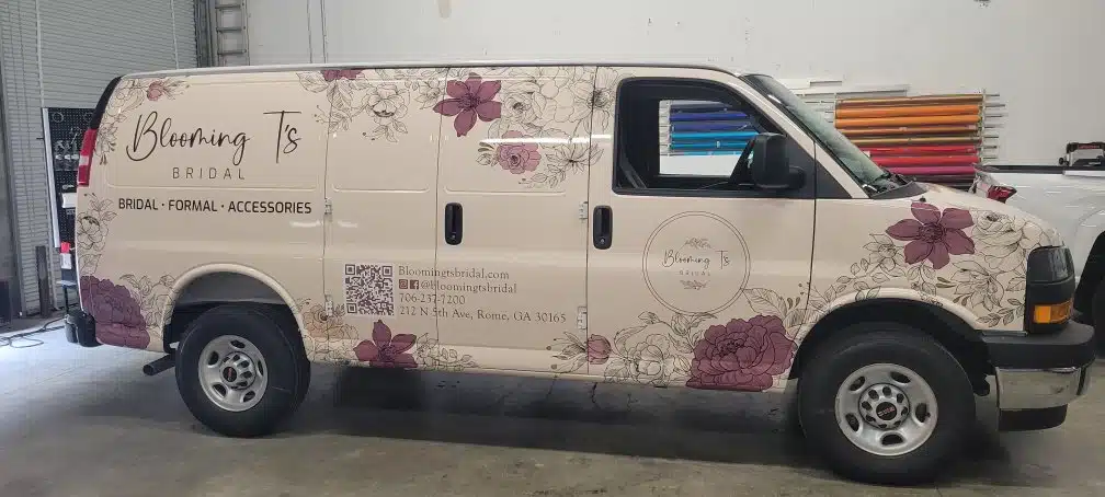 Floral cargo van wrap for Blooming T's Bridal in Rome, GA, by High Stakes Creative