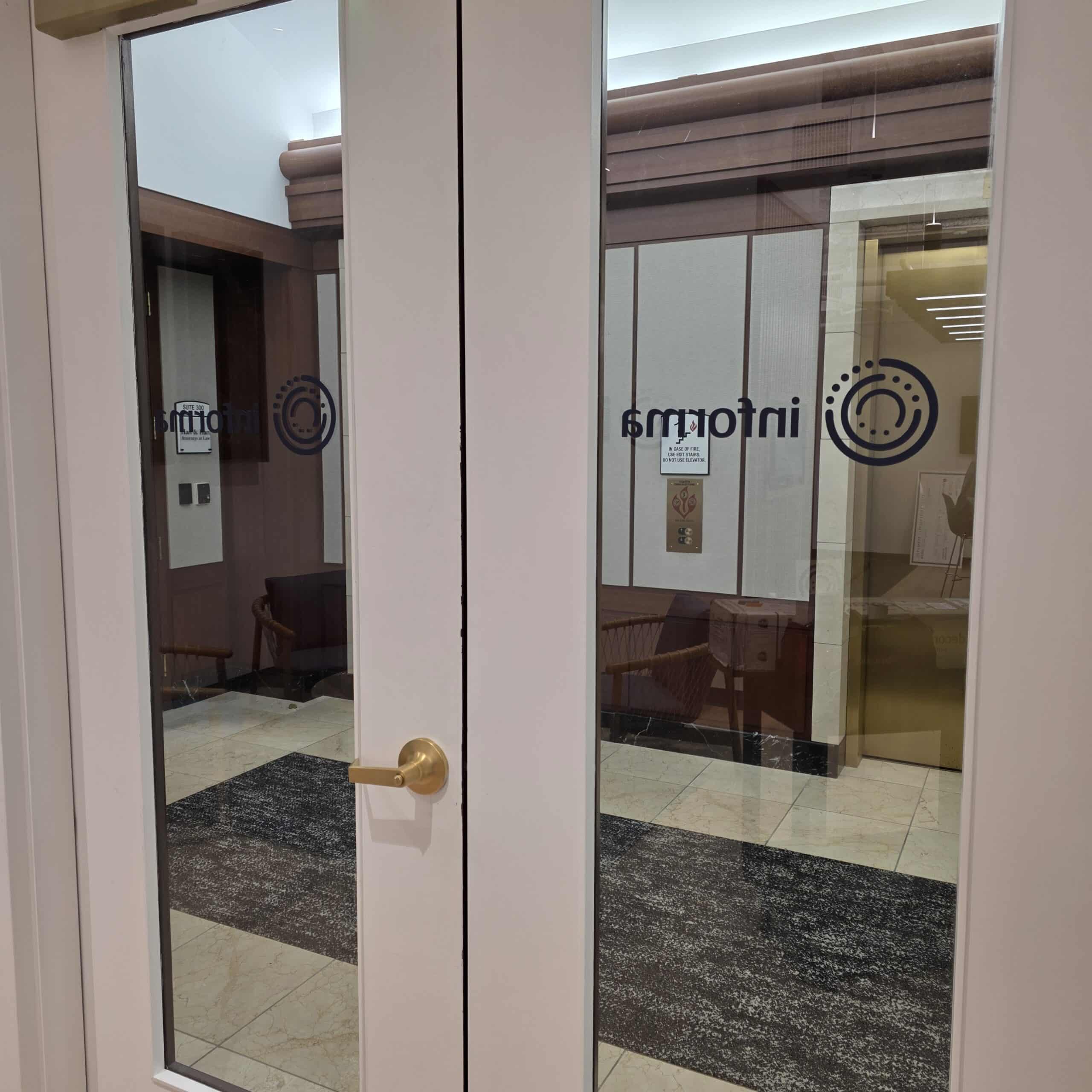 Logo decal on glass door, Informa, Sandy Springs, GA, by High Stakes Creative