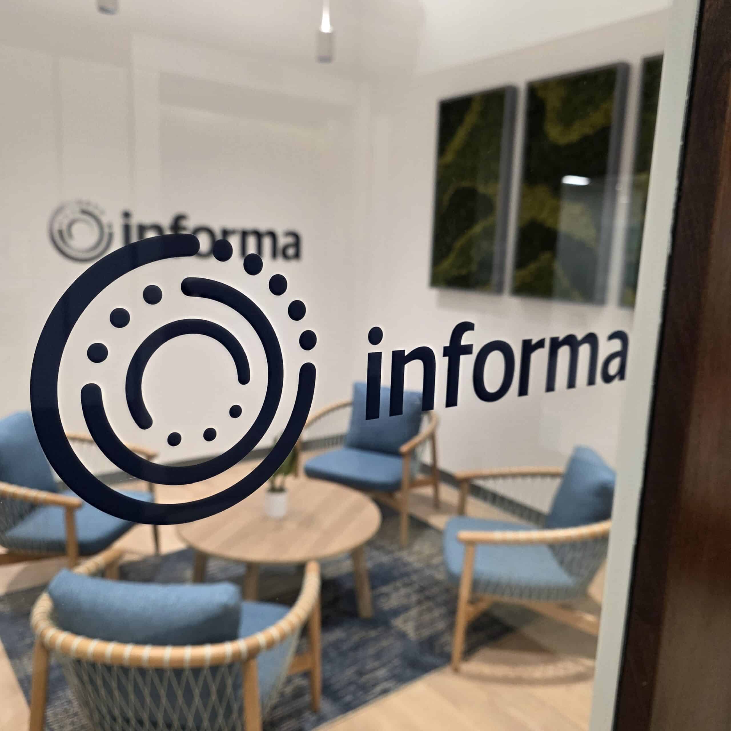 Logo window graphic lounge, Informa, Sandy Springs, GA, by High Stakes Creative