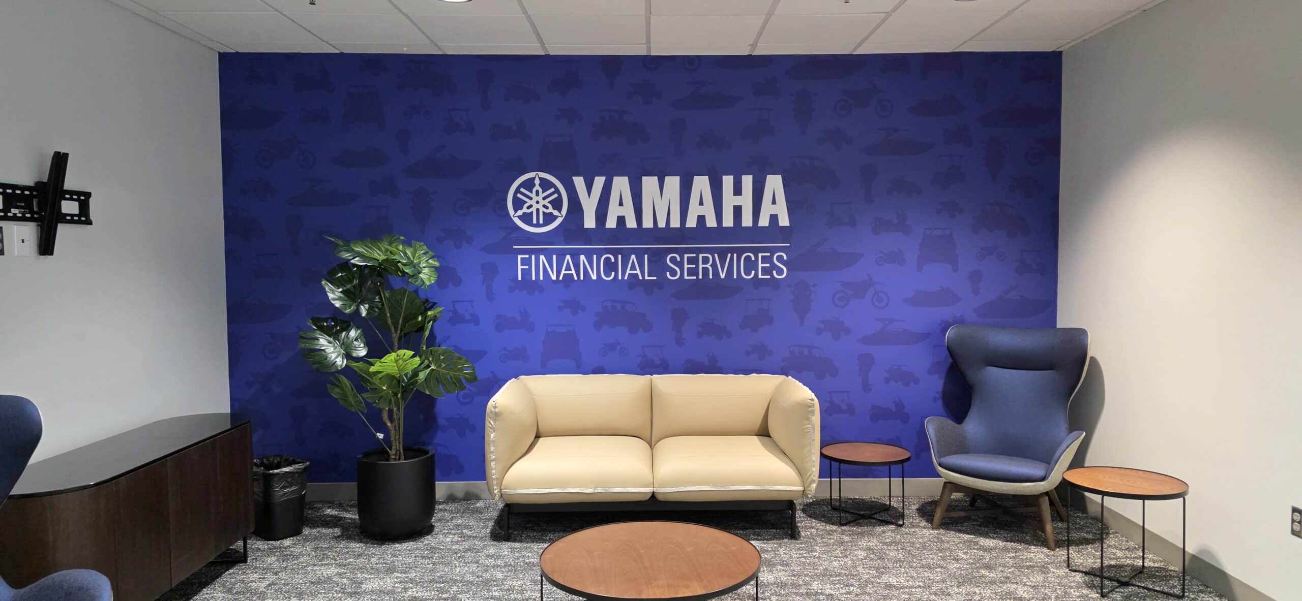 Blue lobby feature wall, Yamaha Financial Services, Kennesaw, GA, by High Stakes Creative