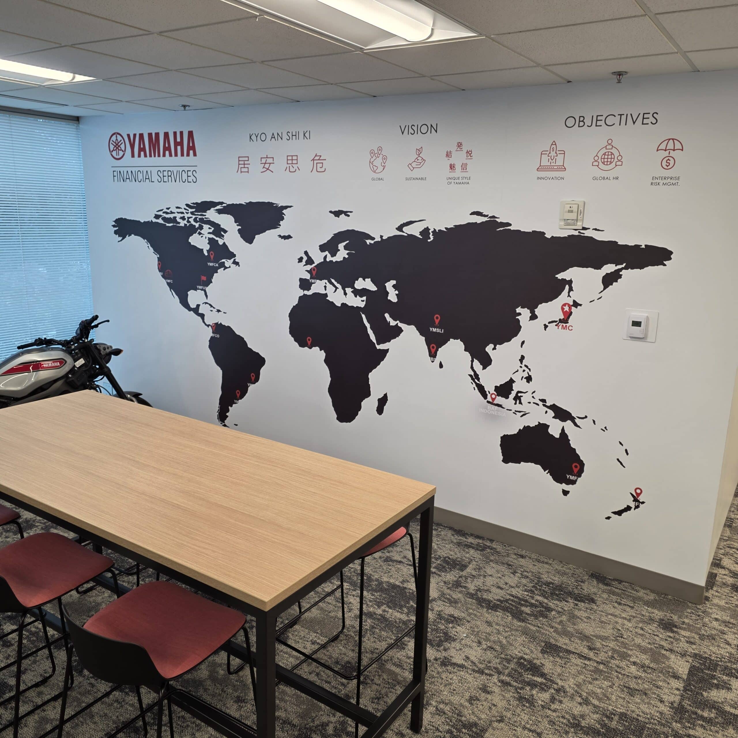 World map values wall, Yamaha Financial Services, Kennesaw, GA, by High Stakes Creative