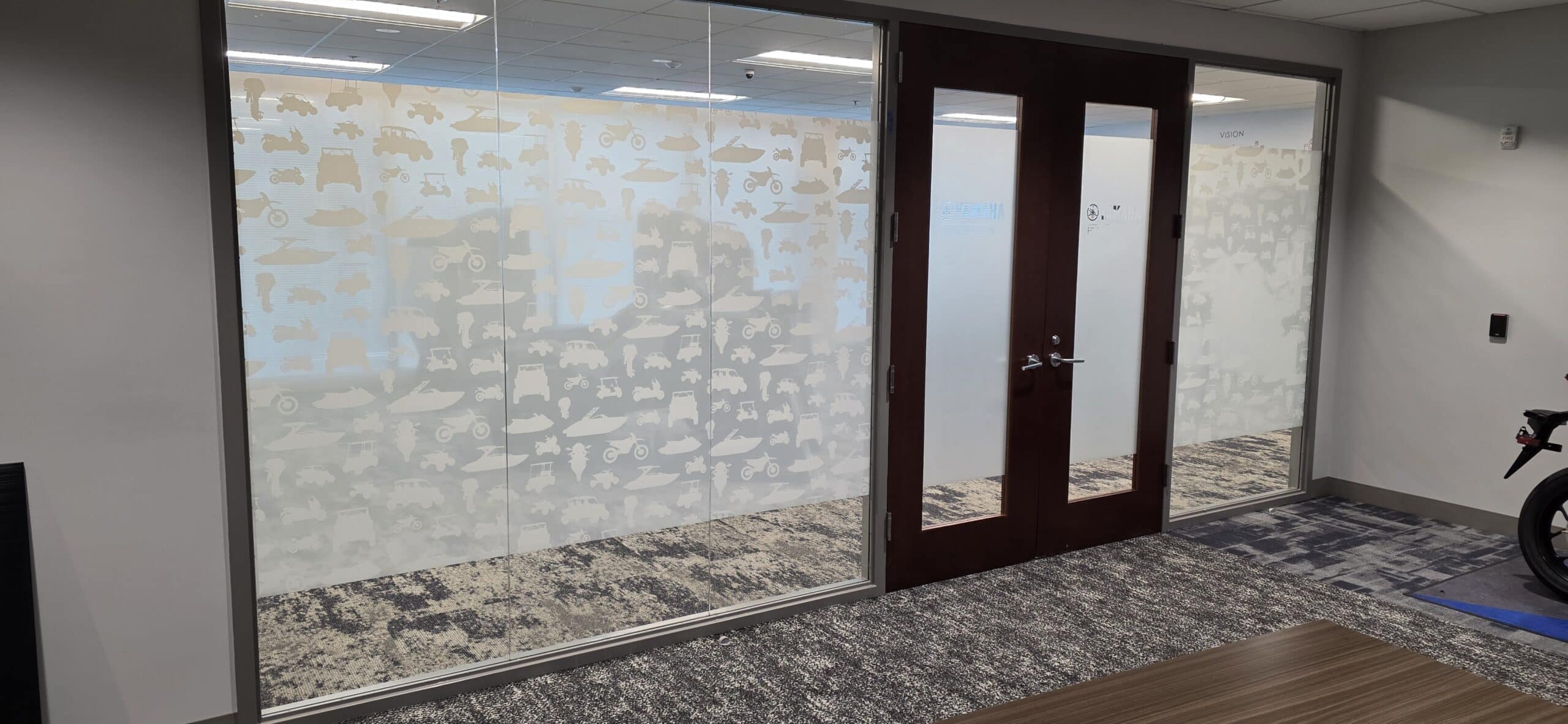 Patterned privacy glass film, Yamaha, Kennesaw, GA, by High Stakes Creative