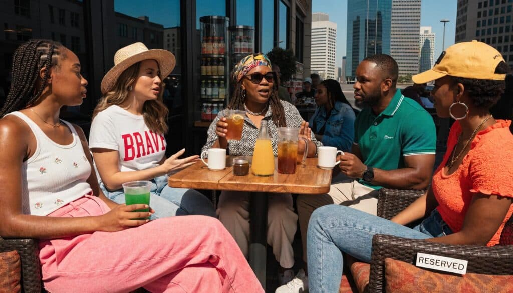 Atlanta business owners collaborating on innovative branding strategies with local landmarks in the background