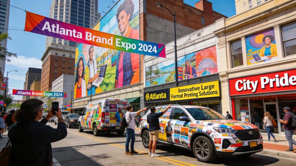 Vibrant environmental graphics and large format printing solutions showcased in Atlanta's urban landscape