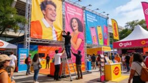 Outdoor marketing event highlighting large-scale printed banners and engaging brand visibility