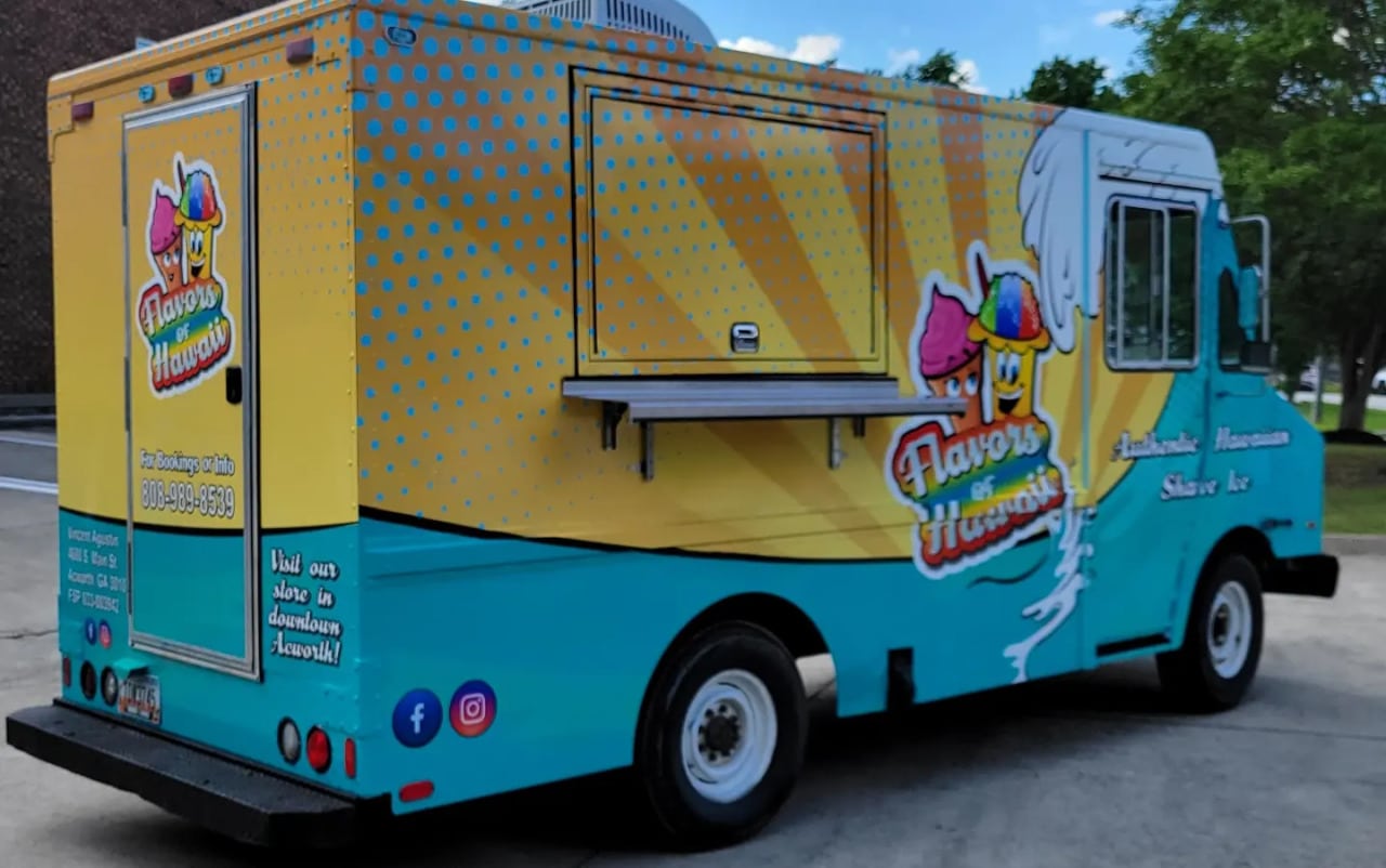 Food truck wrap rear quarter, Flavors of Hawaii, Acworth, GA, by High Stakes Creative