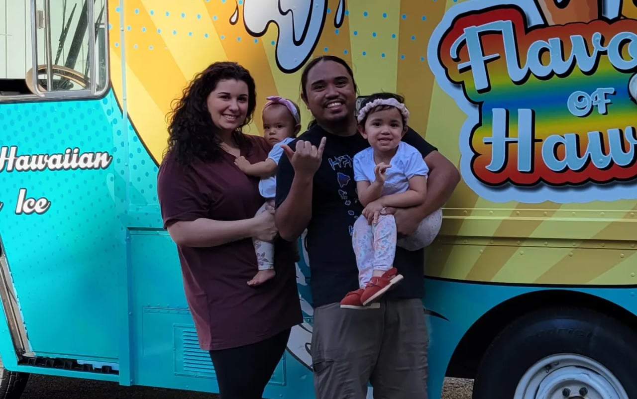 Owners with food truck wrap, Flavors of Hawaii, Acworth, GA, by High Stakes Creative