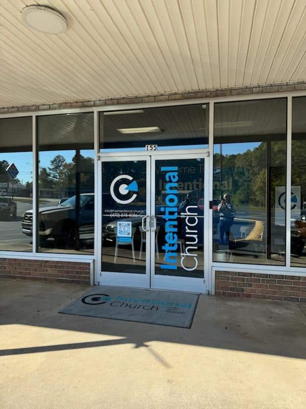 Church storefront window graphics, Intentional Church, Acworth, GA, by High Stakes Creative