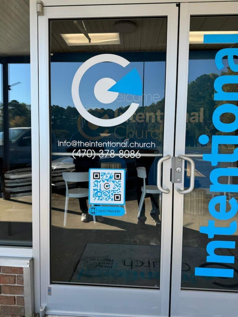 Church entrance door graphics, Intentional Church, Acworth, GA, by High Stakes Creative